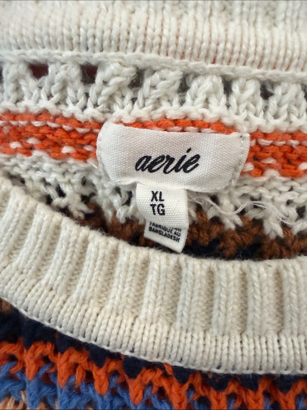 aerie Striped Open-Knit Crewneck Sweater in White, Brown, Orange & Blue - Picture 2 of 3